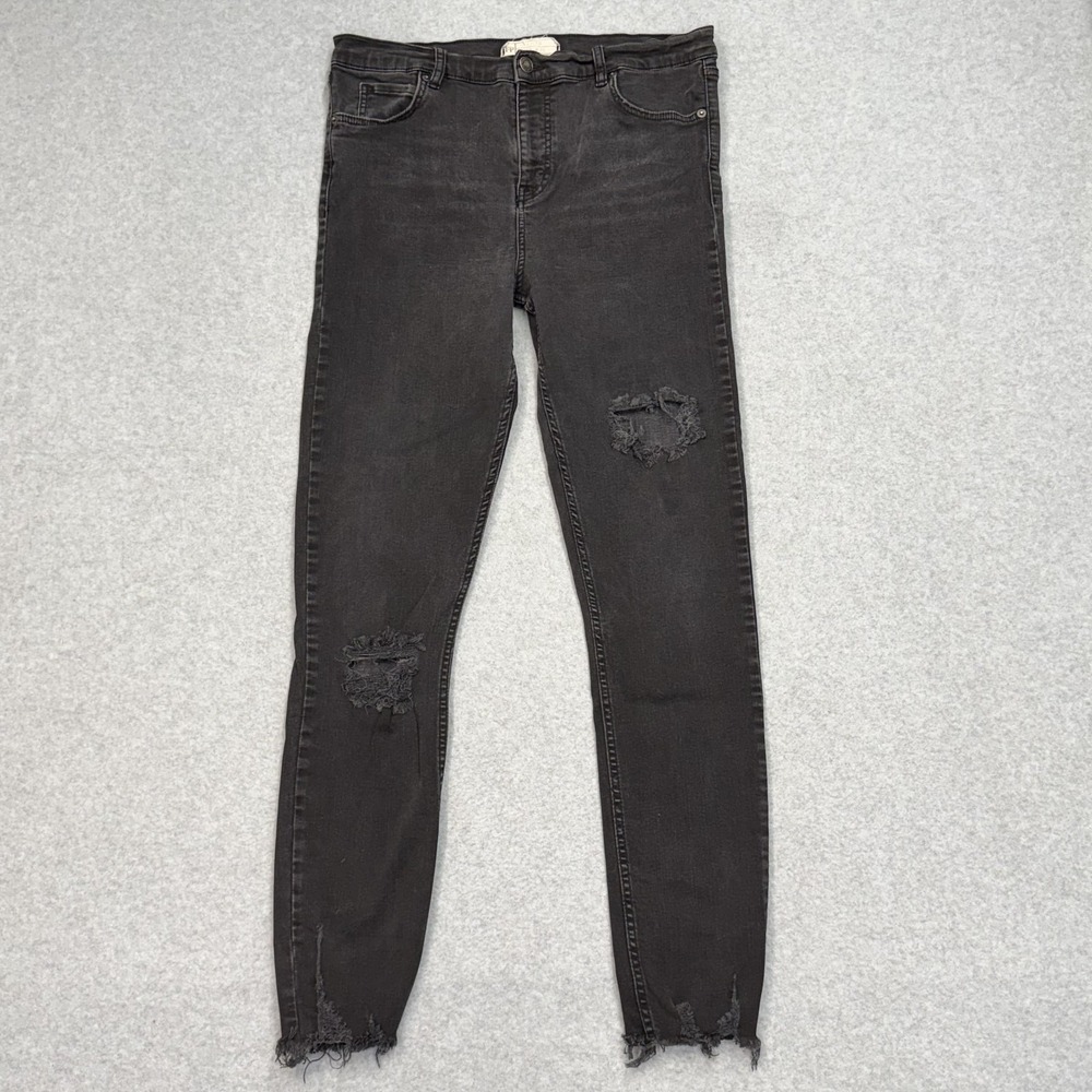 Free People Jeans‎ Womens 31 Black Skinny High Rise Distressed Frayed Hem 32x29